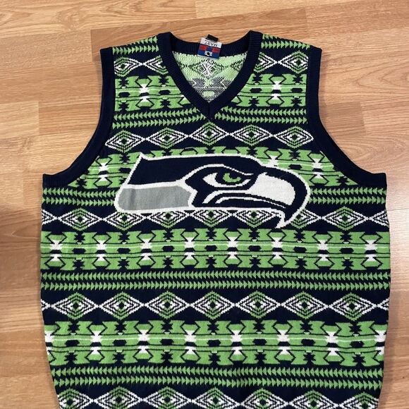 NFL Seattle Seahawks Ugly Sweater Vest Men’s Large Knit Holiday Large Logo - Picture 3 of 10
